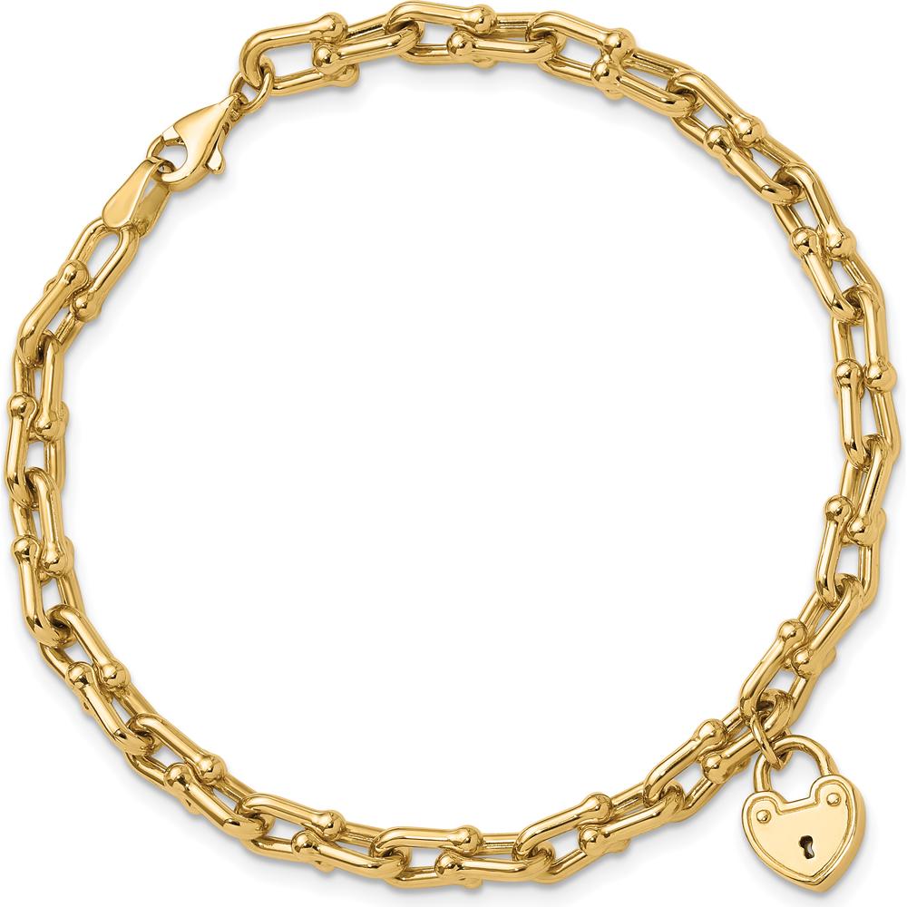 14K Yellow Gold Polished Heart Lock Charm Fancy Link Bracelet - 7.5" by Oro Pregiato