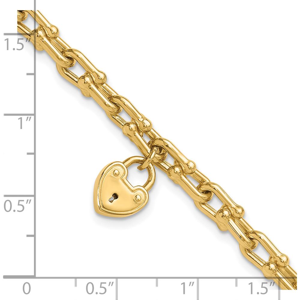 14K Yellow Gold Polished Heart Lock Charm Fancy Link Bracelet - 7.5" by Oro Pregiato