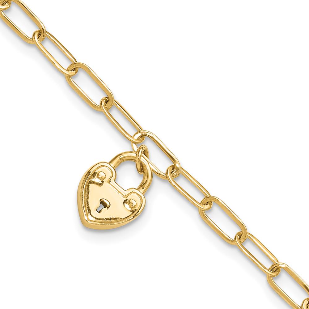 14K Yellow Gold Polished Heart Lock Charm Paperclip Link Bracelet - 7.5" Length by 0