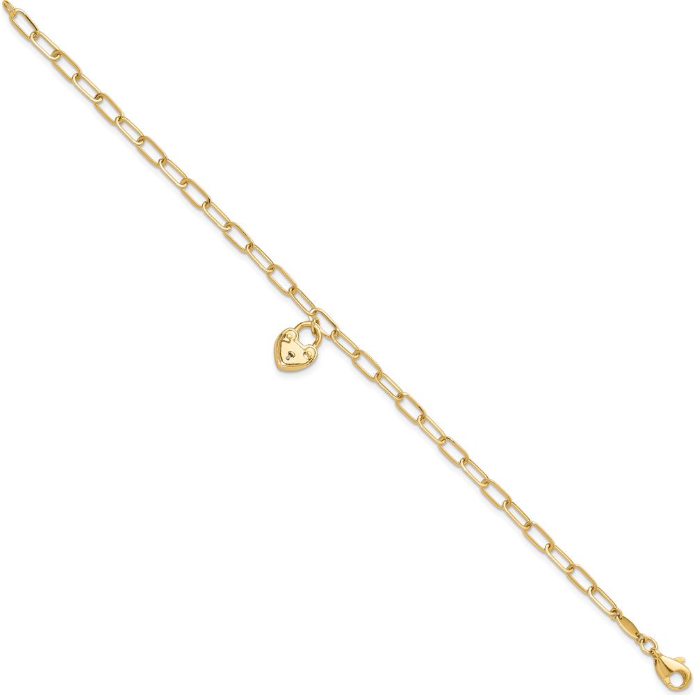 14K Yellow Gold Polished Heart Lock Charm Paperclip Link Bracelet - 7.5" Length by 0
