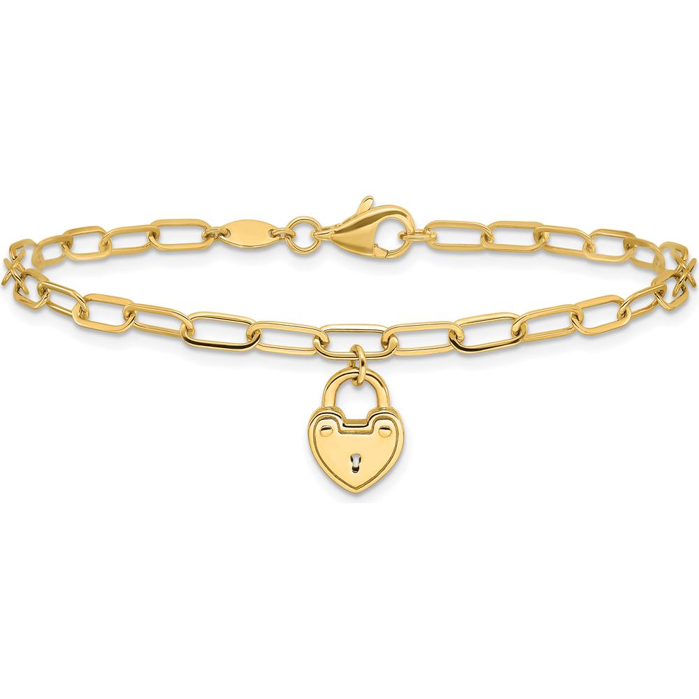14K Yellow Gold Polished Heart Lock Charm Paperclip Link Bracelet - 7.5" Length by 0