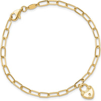 14K Yellow Gold Polished Heart Lock Charm Paperclip Link Bracelet - 7.5" Length by 0