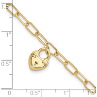 14K Yellow Gold Polished Heart Lock Charm Paperclip Link Bracelet - 7.5" Length by 0