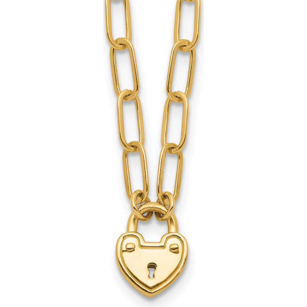 14K Yellow Gold Polished Heart Lock Charm Paperclip Link Necklace - 17.25" by 0