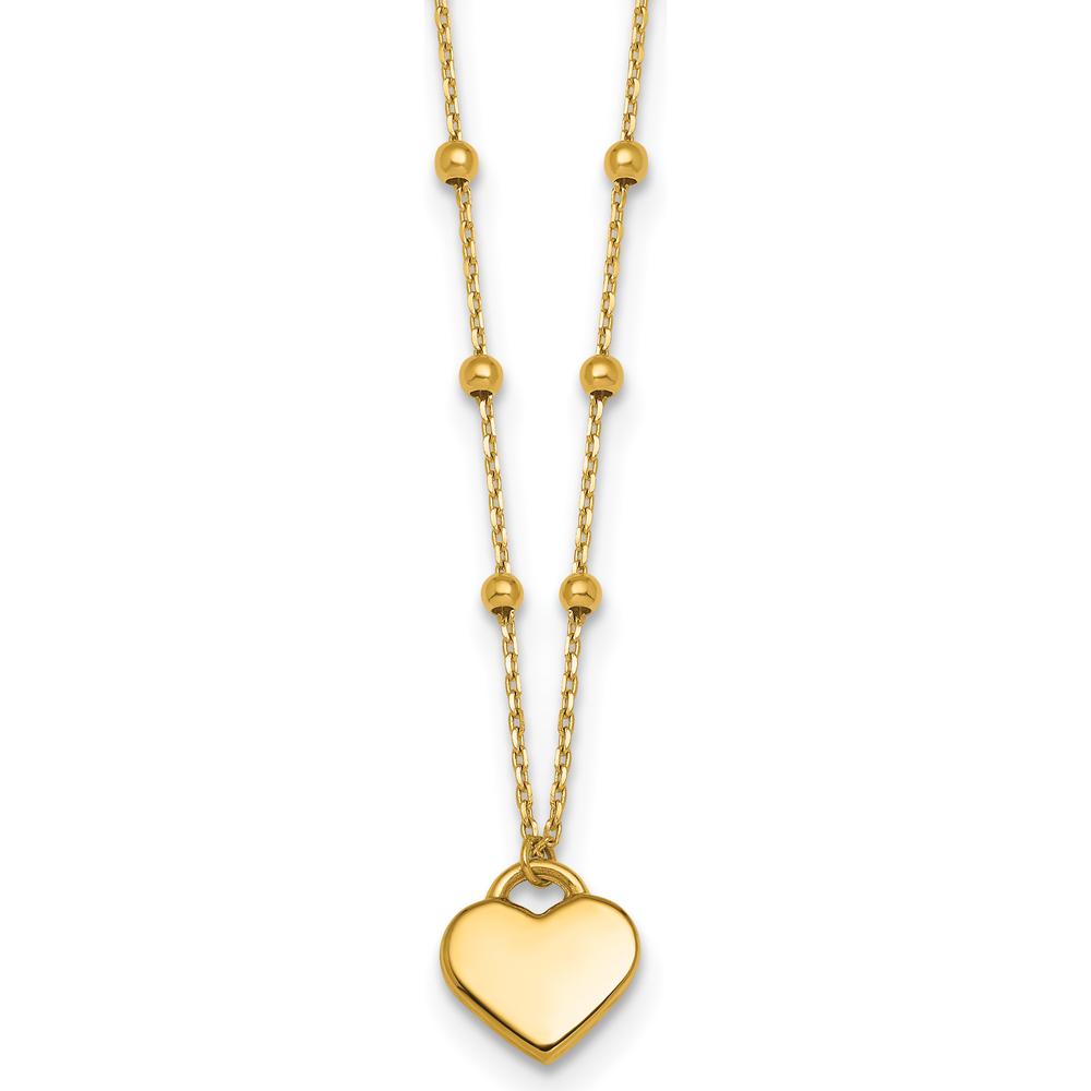14K Yellow Gold Polished Heart Pendant Necklace with Beaded Chain and 2-Inch Extender by 0