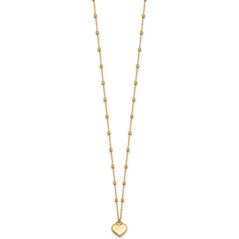14K Yellow Gold Polished Heart Pendant Necklace with Beaded Chain and 2-Inch Extender by 0