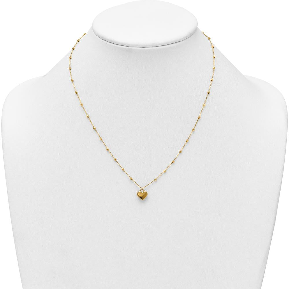 14K Yellow Gold Polished Heart Pendant Necklace with Beaded Chain and 2-Inch Extender by 0