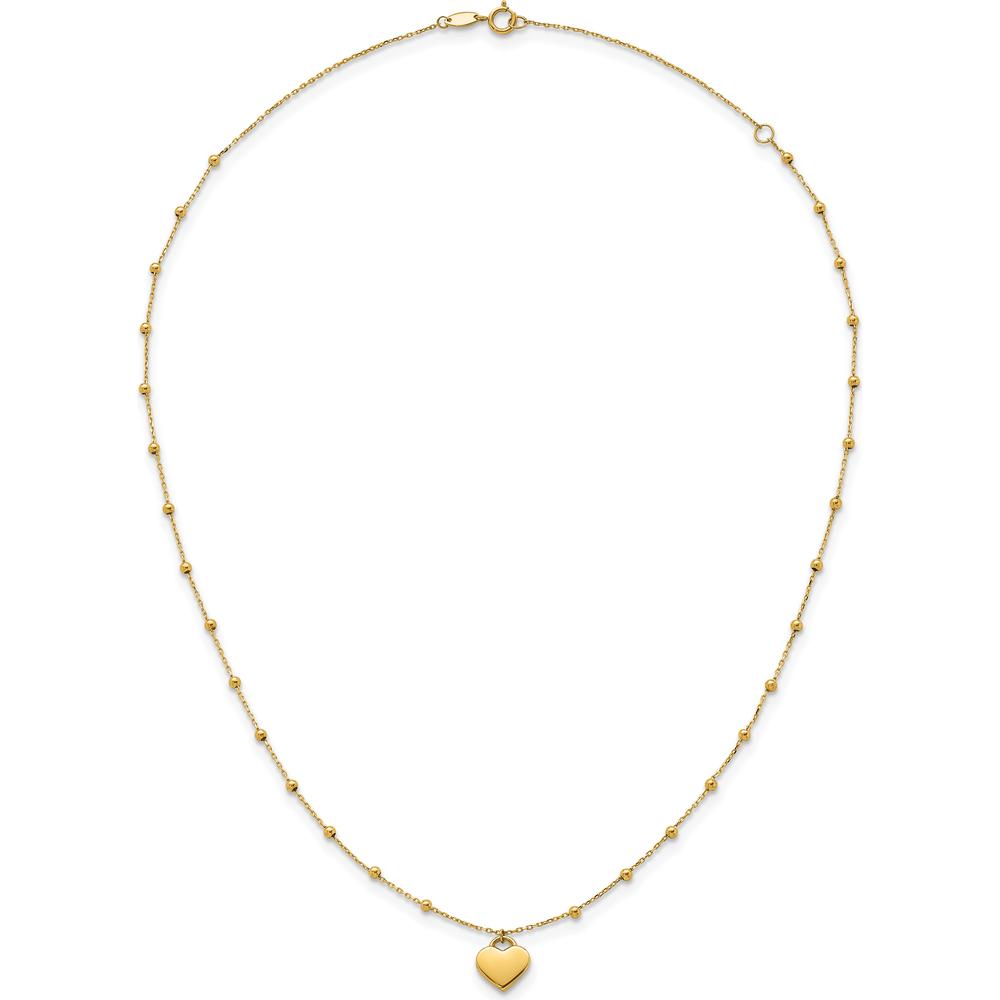 14K Yellow Gold Polished Heart Pendant Necklace with Beaded Chain and 2-Inch Extender by 0
