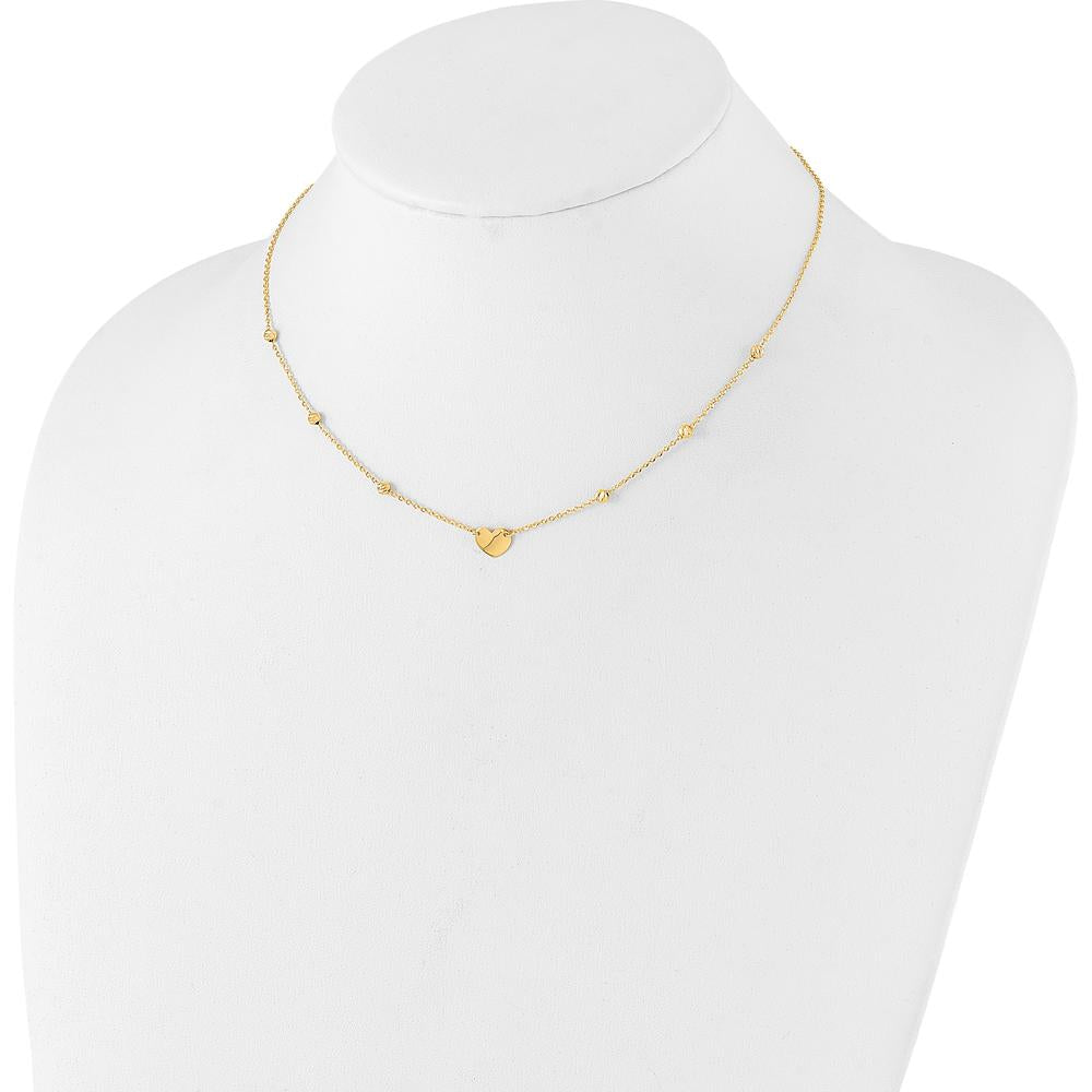 14K Yellow Gold Polished Heart Pendant Necklace with Diamond-cut Beads - 17.5" Length Plus 2" Extender by 0