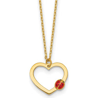 14K Yellow Gold Polished Heart Pendant Necklace with Red and Black Enamel Ladybug - 15.5" with 0.75" Extender by 0