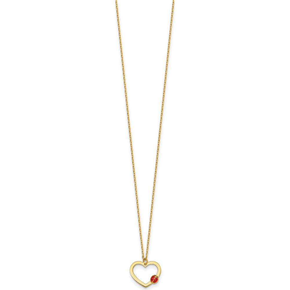14K Yellow Gold Polished Heart Pendant Necklace with Red and Black Enamel Ladybug - 15.5" with 0.75" Extender by 0