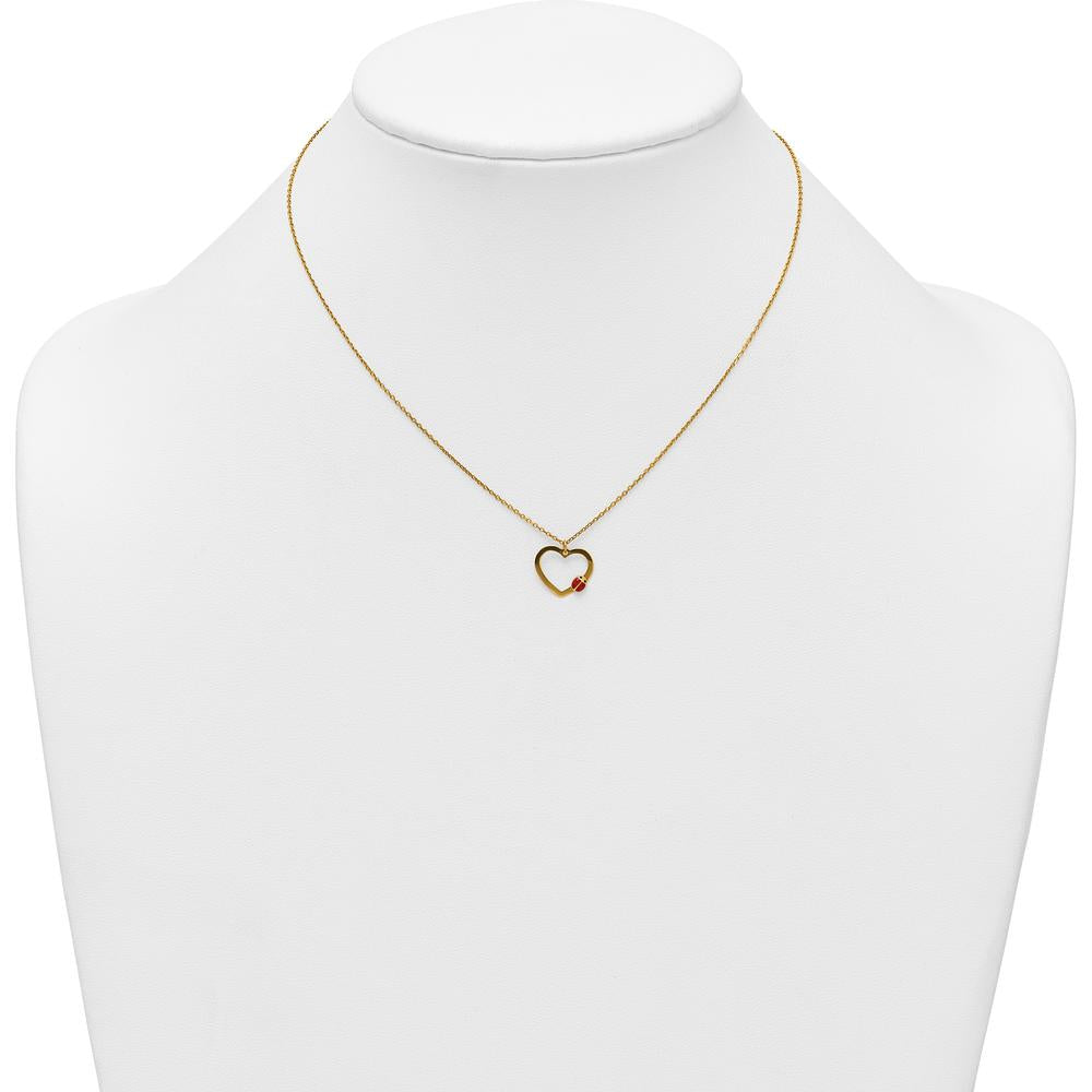 14K Yellow Gold Polished Heart Pendant Necklace with Red and Black Enamel Ladybug - 15.5" with 0.75" Extender by 0