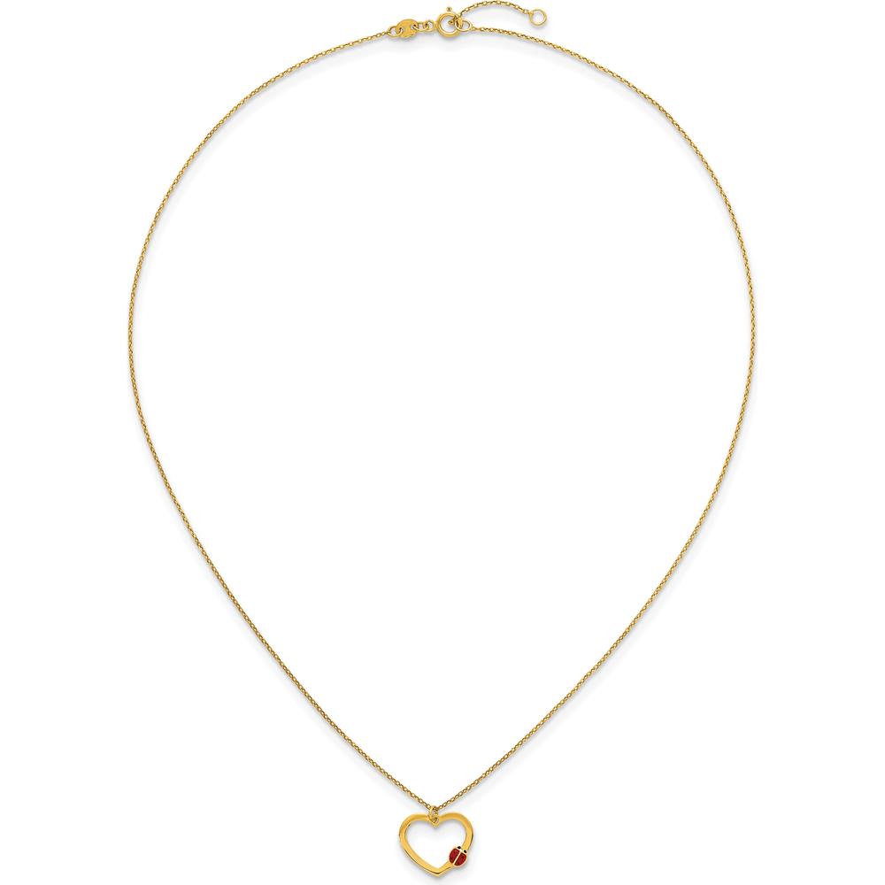 14K Yellow Gold Polished Heart Pendant Necklace with Red and Black Enamel Ladybug - 15.5" with 0.75" Extender by 0