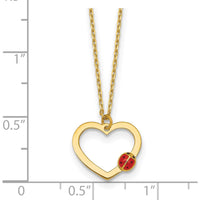 14K Yellow Gold Polished Heart Pendant Necklace with Red and Black Enamel Ladybug - 15.5" with 0.75" Extender by 0