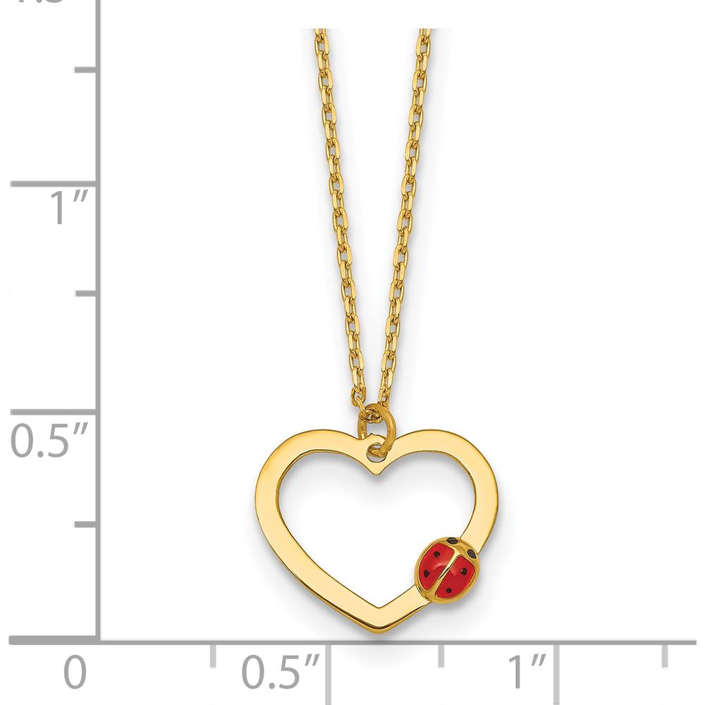 14K Yellow Gold Polished Heart Pendant Necklace with Red and Black Enamel Ladybug - 15.5" with 0.75" Extender by 0