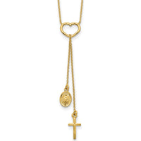 14K Yellow Gold Polished Heart Pendant with Dangle Cross and Miraculous Medal 17" Y-Necklace by 0