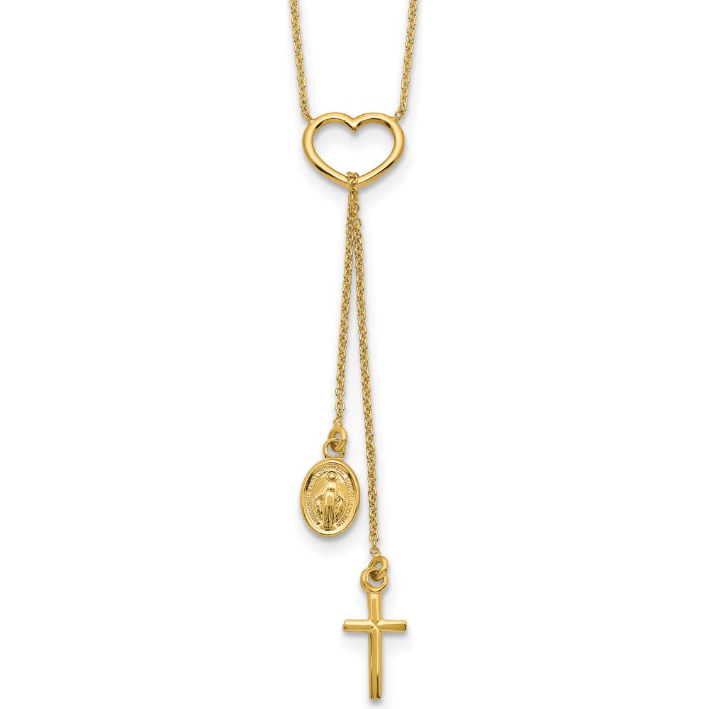 14K Yellow Gold Polished Heart Pendant with Dangle Cross and Miraculous Medal 17" Y-Necklace by 0