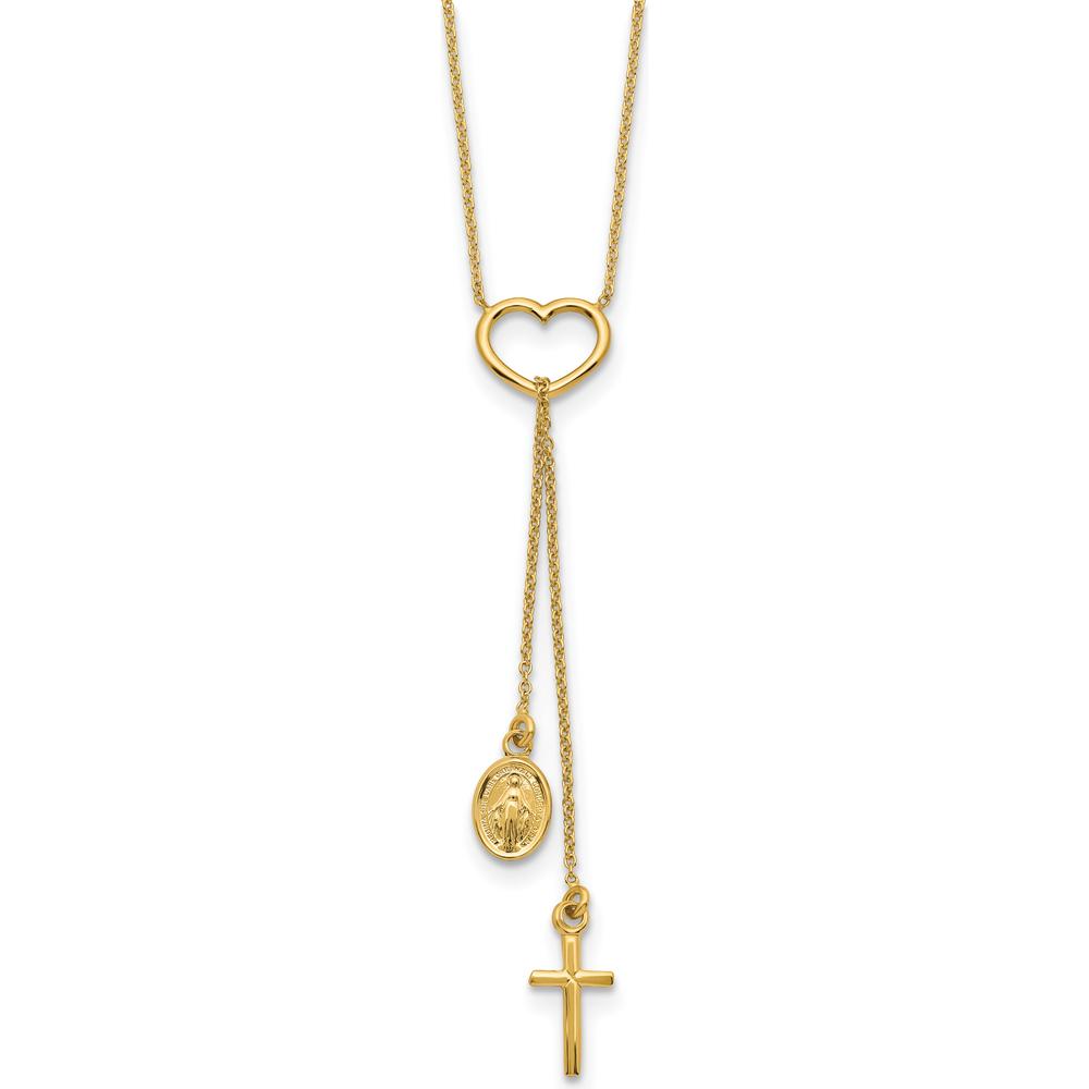 14K Yellow Gold Polished Heart Pendant with Dangle Cross and Miraculous Medal 17" Y-Necklace by 0