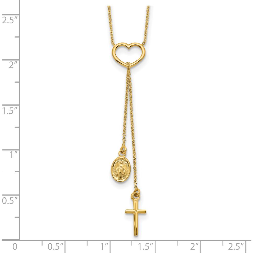 14K Yellow Gold Polished Heart Pendant with Dangle Cross and Miraculous Medal 17" Y-Necklace by 0