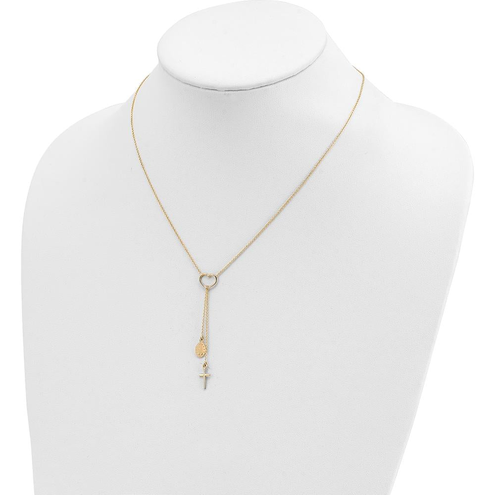 14K Yellow Gold Polished Heart Pendant with Dangle Cross and Miraculous Medal 17" Y-Necklace by 0