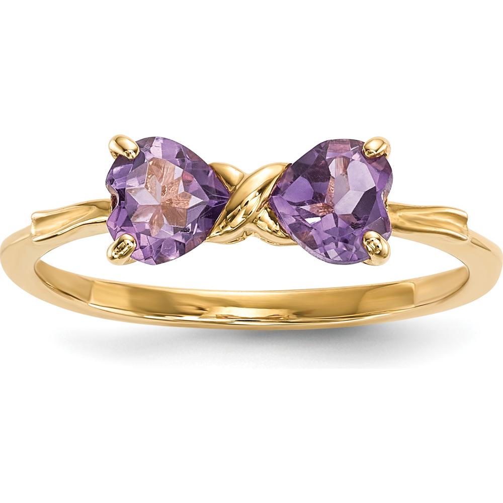 14K Yellow Gold Polished Heart-Shaped Amethyst Bow Ring - 2 x 0.5 Carat Amethyst by Oro Pregiato