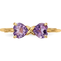 14K Yellow Gold Polished Heart-Shaped Amethyst Bow Ring - 2 x 0.5 Carat Amethyst by Oro Pregiato