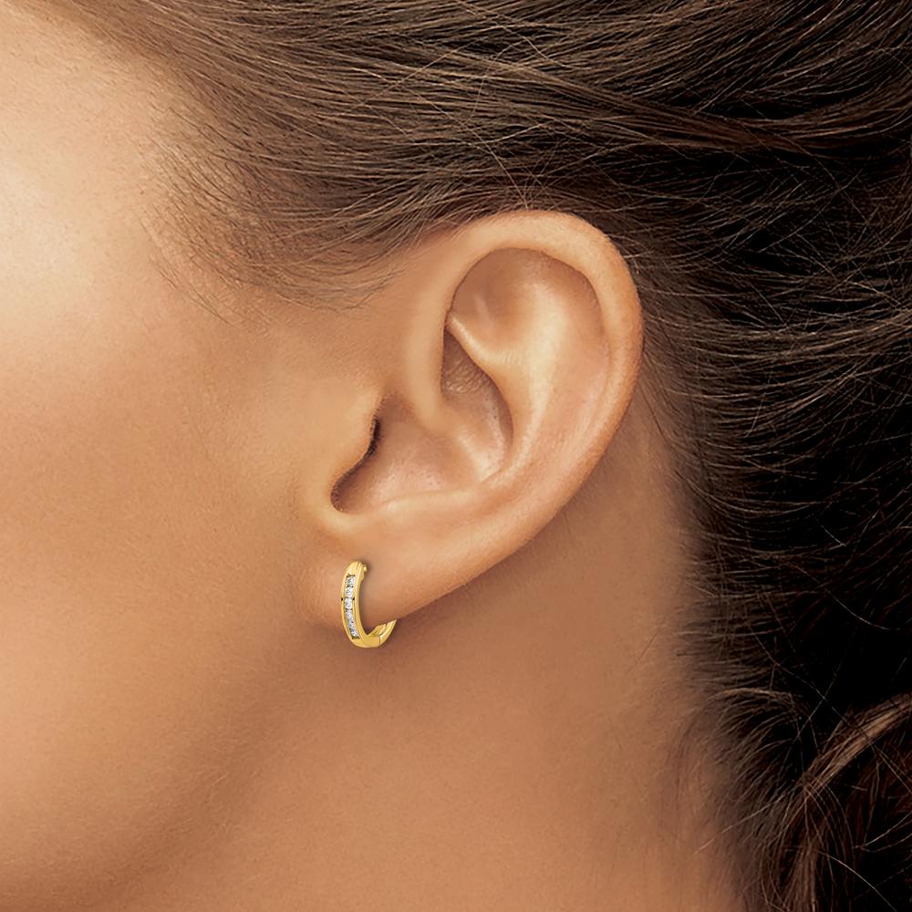 14K Yellow Gold Polished Hinged Hoop Earrings with 12 Round Natural Diamonds - 0.12 Carat Total Diamond Weight by Monteluci Fine Jewelry