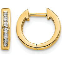 14K Yellow Gold Polished Hinged Hoop Earrings with 14 Round Diamonds - 0.01 Carat Total Diamond Weight by Monteluci Fine Jewelry