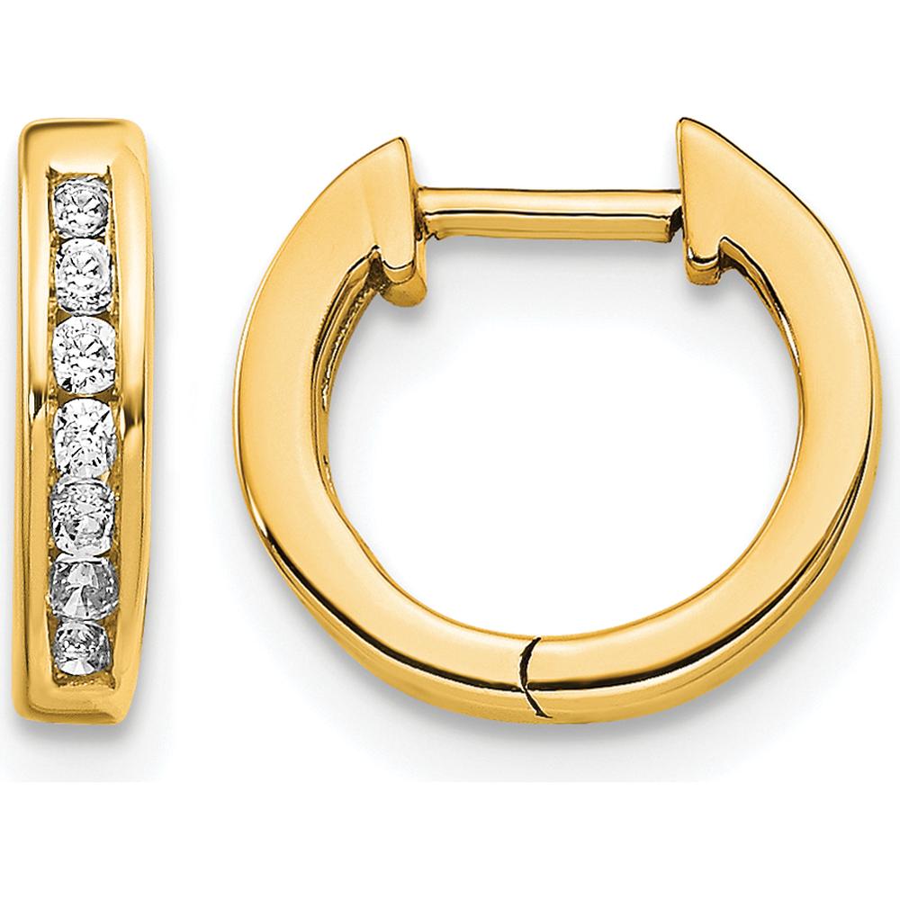 14K Yellow Gold Polished Hinged Hoop Earrings with 14 Round Diamonds - 0.01 Carat Total Diamond Weight by Monteluci Fine Jewelry