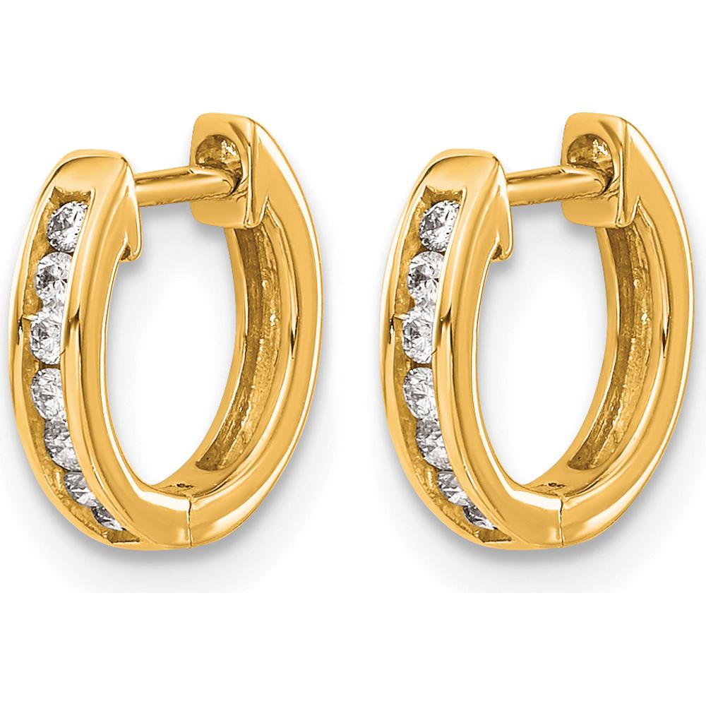 14K Yellow Gold Polished Hinged Hoop Earrings with 14 Round Diamonds - 0.01 Carat Total Diamond Weight by Monteluci Fine Jewelry