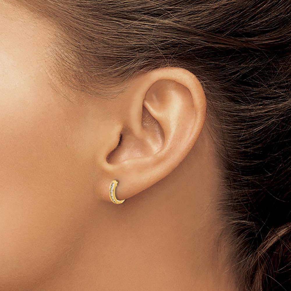 14K Yellow Gold Polished Hinged Hoop Earrings with 14 Round Diamonds - 0.01 Carat Total Diamond Weight by Monteluci Fine Jewelry