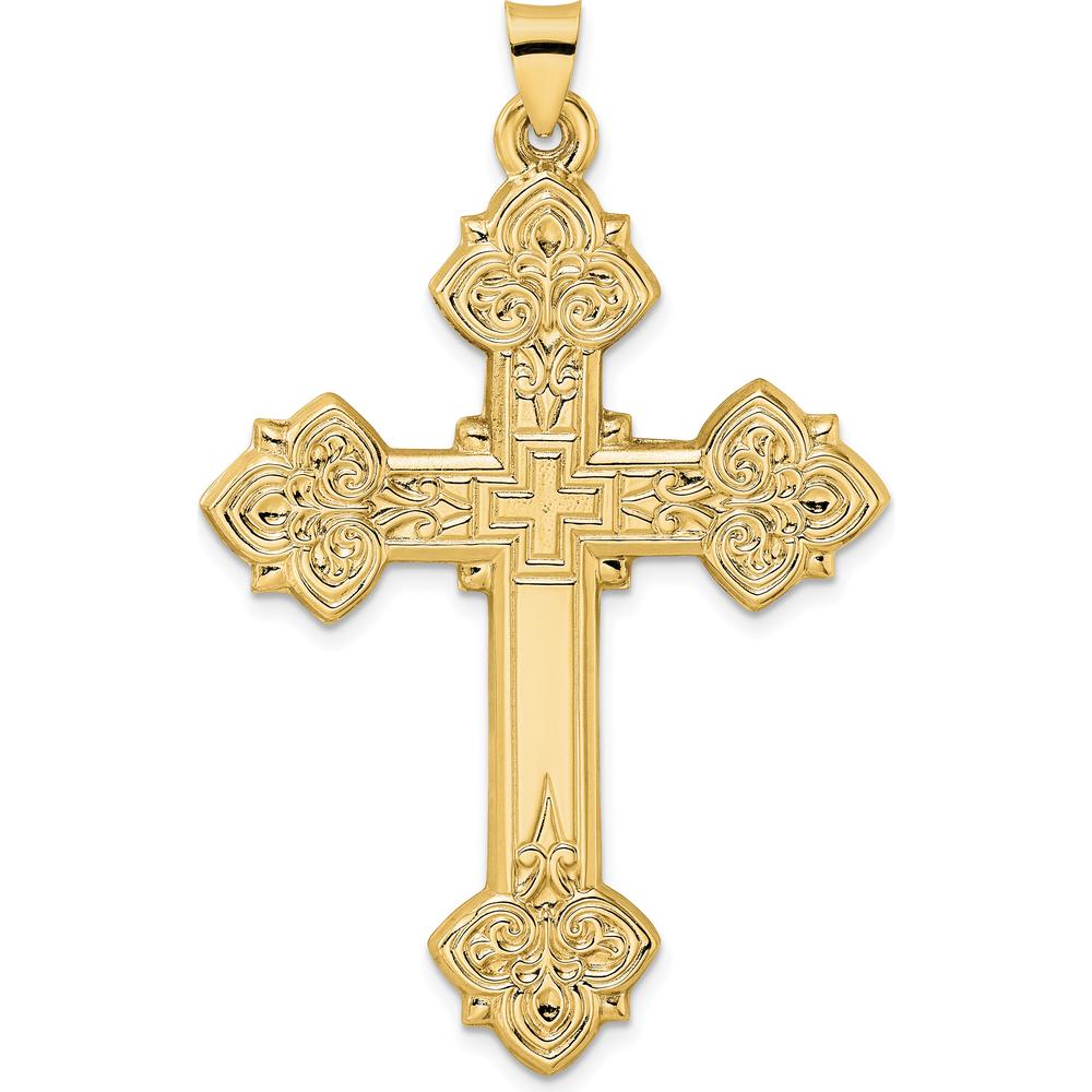 14K Yellow Gold Polished Hollow Fleur de Lis Cross Pendant - 55.5mm Length by Oro Pregiato