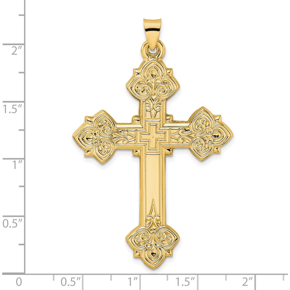 14K Yellow Gold Polished Hollow Fleur de Lis Cross Pendant - 55.5mm Length by Oro Pregiato