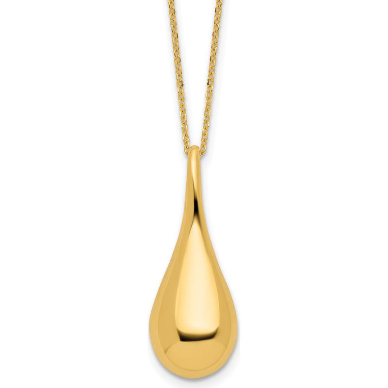14K Yellow Gold Polished Hollow Teardrop Pendant Necklace with Rolo Chain - 18" Length by 0