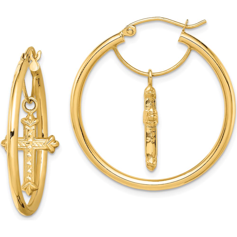 14K Yellow Gold Polished Hoop Earrings with Diamond-Cut Cross Dangles by 0