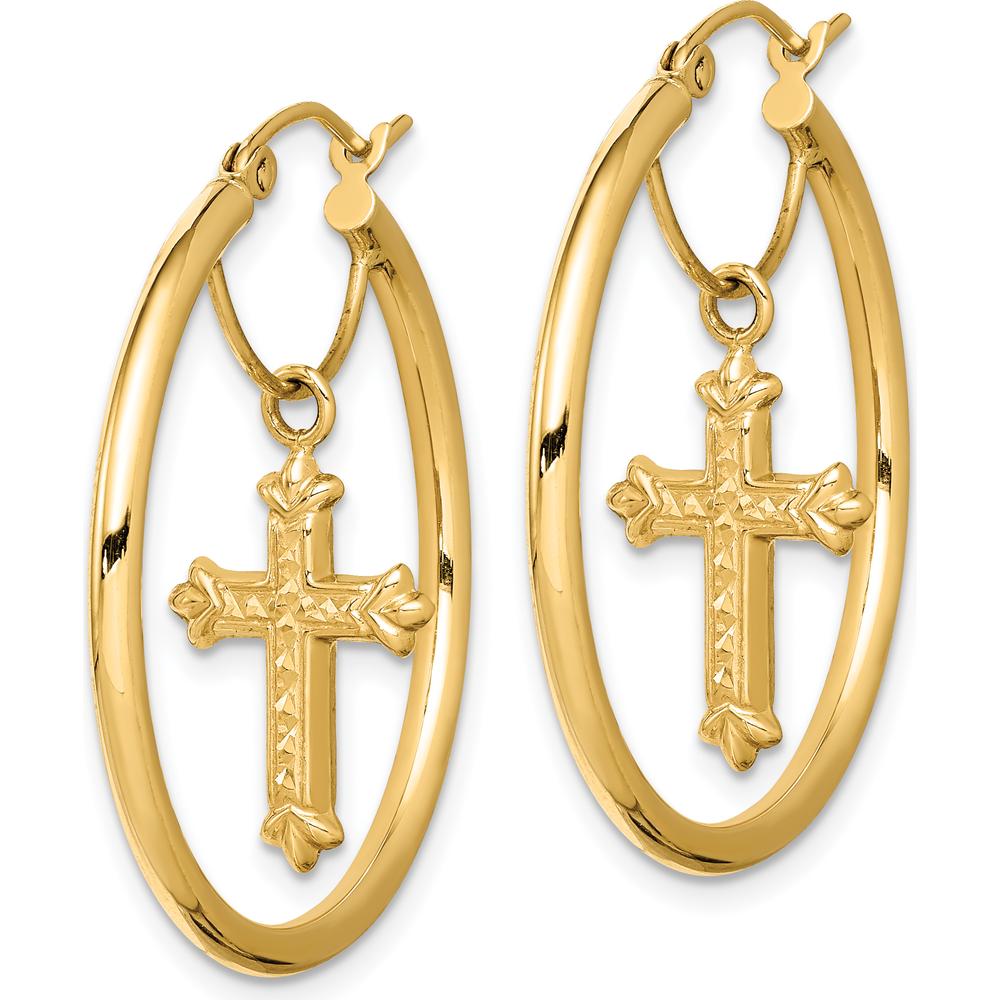 14K Yellow Gold Polished Hoop Earrings with Diamond-Cut Cross Dangles by 0