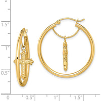 14K Yellow Gold Polished Hoop Earrings with Diamond-Cut Cross Dangles by 0