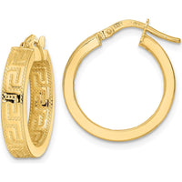 14K Yellow Gold Polished Hoop Earrings with Greek Key Textured Design - 20.45mm Length by 0