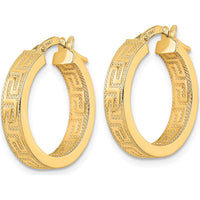 14K Yellow Gold Polished Hoop Earrings with Greek Key Textured Design - 20.45mm Length by 0