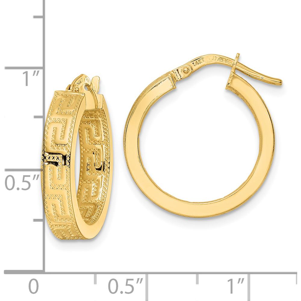 14K Yellow Gold Polished Hoop Earrings with Greek Key Textured Design - 20.45mm Length by 0