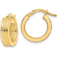 14K Yellow Gold Polished Hoop Earrings with Textured Finish - 15.44mm Length by 0