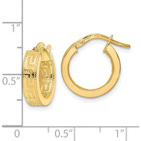14K Yellow Gold Polished Hoop Earrings with Textured Finish - 15.44mm Length by 0