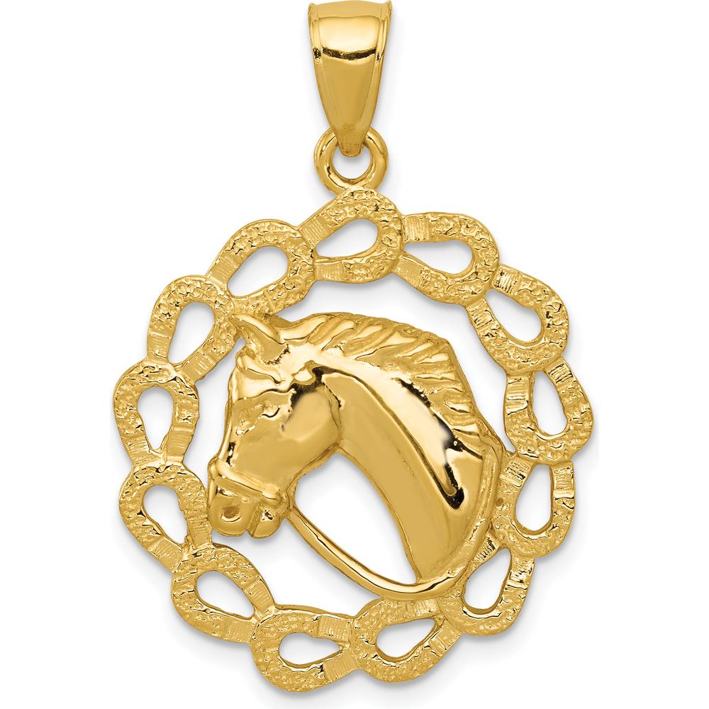 14K Yellow Gold Polished Horse Head in Horseshoe Frame Pendant - 32mm Length by Oro Pregiato