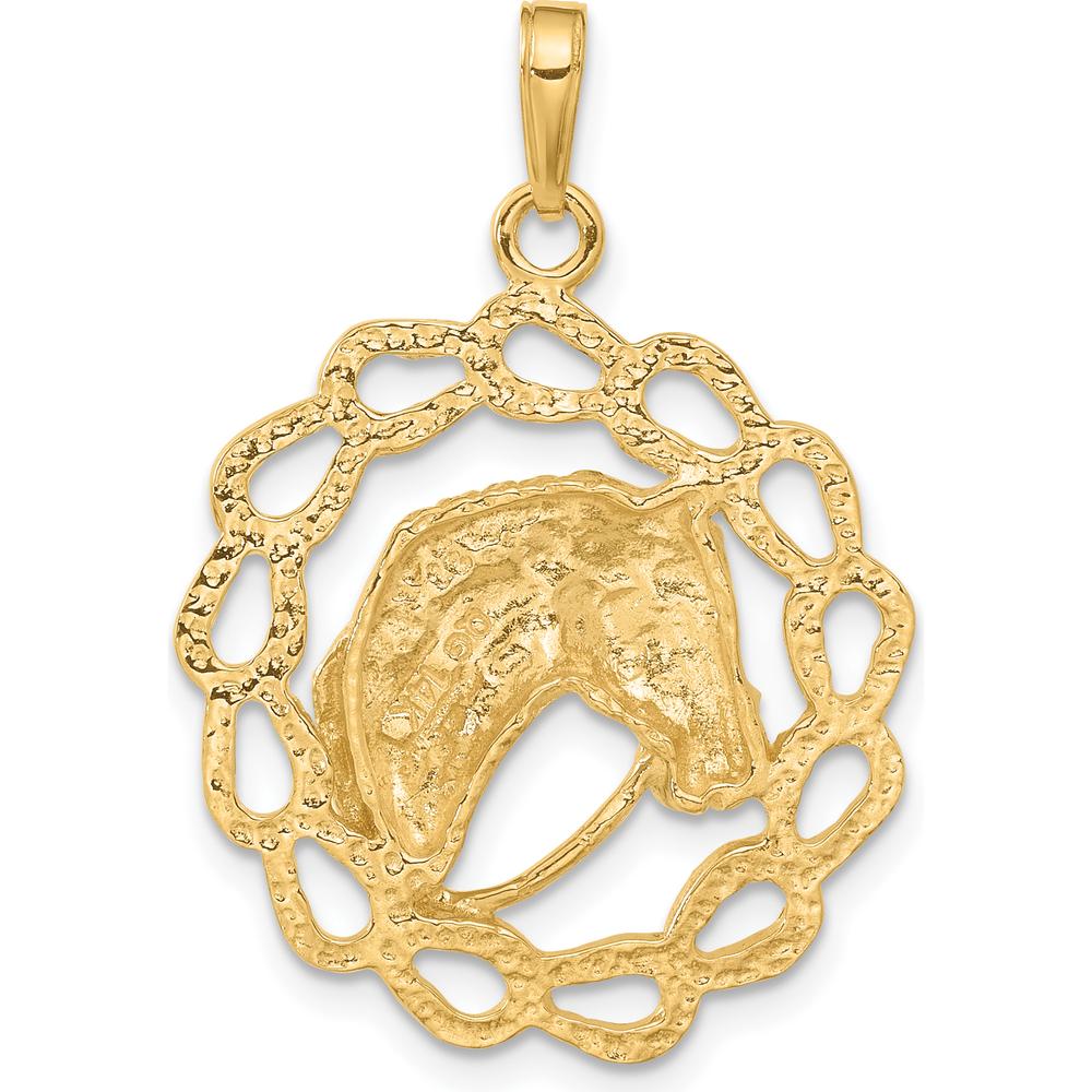 14K Yellow Gold Polished Horse Head in Horseshoe Frame Pendant - 32mm Length by Oro Pregiato
