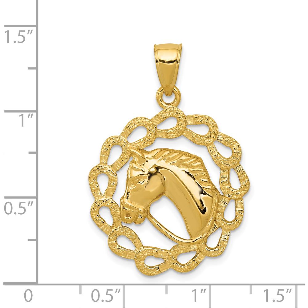 14K Yellow Gold Polished Horse Head in Horseshoe Frame Pendant - 32mm Length by Oro Pregiato