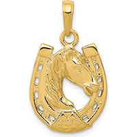 14K Yellow Gold Polished Horse Head in Horseshoe Pendant - Solid Casted Design by Oro Pregiato