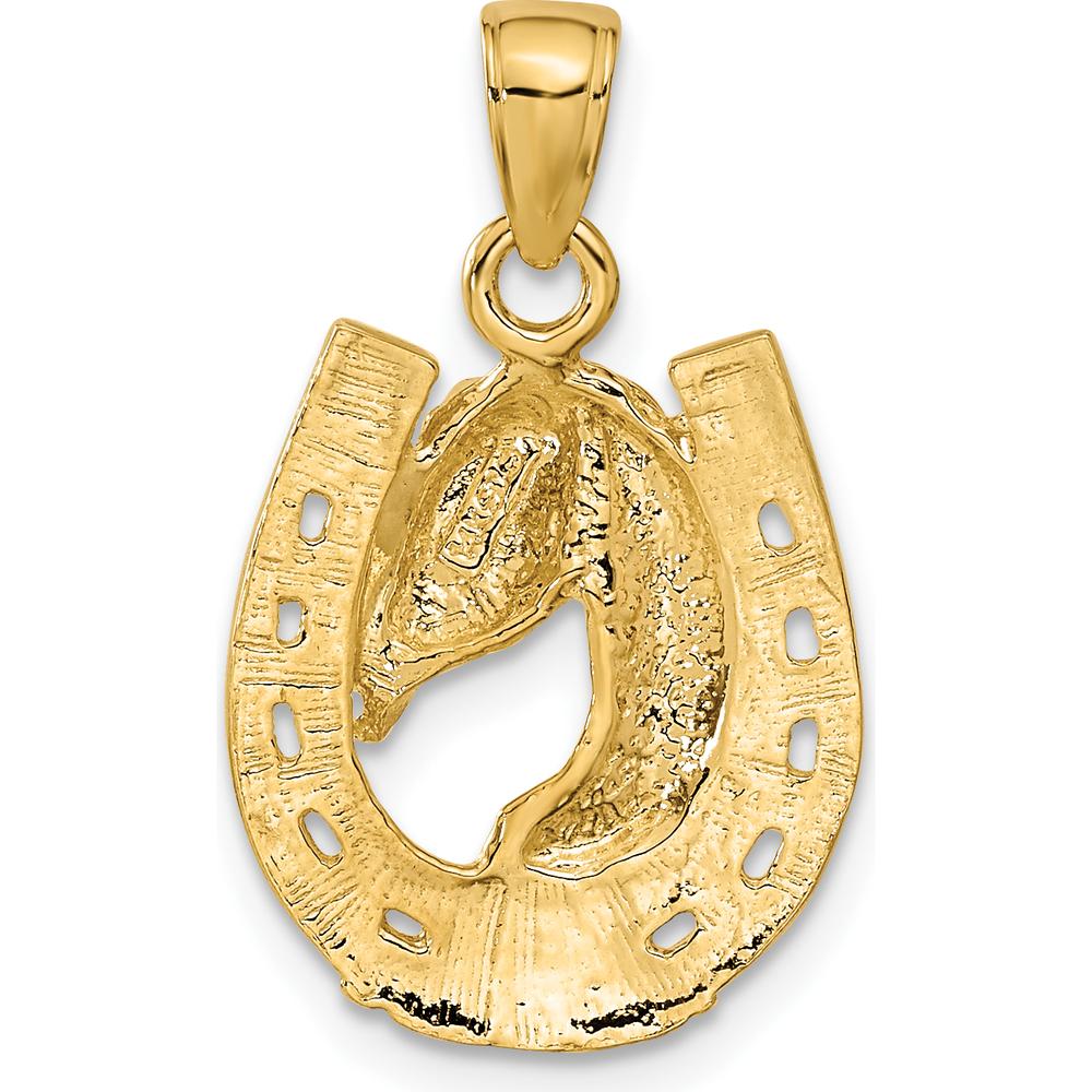 14K Yellow Gold Polished Horse Head in Horseshoe Pendant - Solid Casted Design by Oro Pregiato