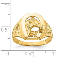 14K Yellow Gold Polished Horseshoe Ring with Sculpted Horse Head - Men's Jewelry by 0