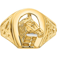 14K Yellow Gold Polished Horseshoe Ring with Sculpted Horse Head - Men's Jewelry by 0