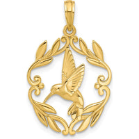 14K Yellow Gold Polished Hummingbird Charm with Graceful Leaf Detailing - 28.5mm by Oro Pregiato